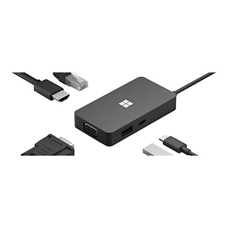 Adaptateur Microsoft gris foncÃ© avec divers cÃ¢bles de connexion : HDMI, USB-C, VGA et Ethernet.