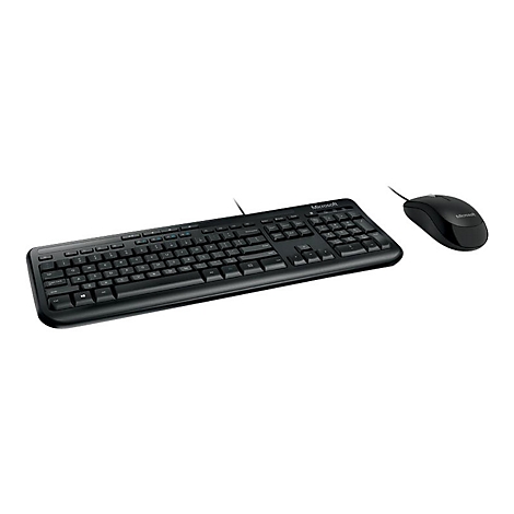 Ensemble clavier souris Microsoft noir. Clavier avec câble, souris à côté.