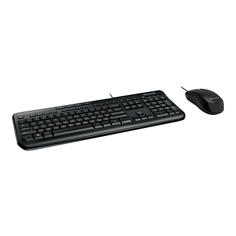 Clavier et souris noirs Microsoft sur fond blanc. Le clavier est filaire, la souris est noire.