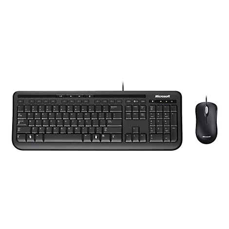 Schwarze Microsoft Tastatur und Maus. Die Tastatur hat eine Standard-QWERTZ-Anordnung, die Maus zwei Tasten.