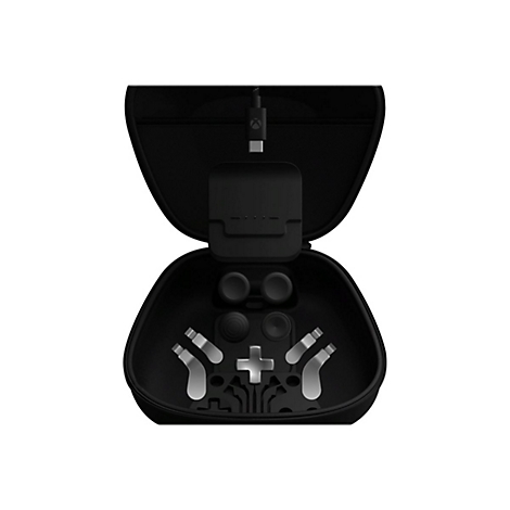 Schwarzes Xbox Controller-Etui mit silbernen austauschbaren Joysticks und Steuerungstasten.