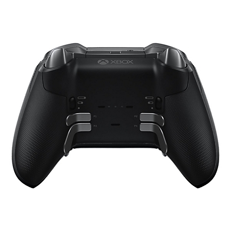 Schwarzer Xbox Elite Wireless Controller Series 2 von hinten. Oberhalb steht 'XBOX'. Unterhalb der Griffe sind P1-P4 Knöpfe.
