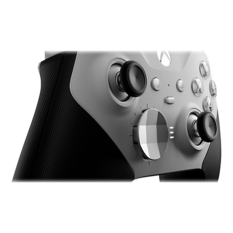 Nahaufnahme eines silber-schwarzen Xbox Elite Series 2 Gamecontrollers, Details der Tasten und des texturierten Griffs.