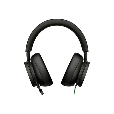 Casque noir avec un microphone sur fond blanc. Le câble vert est partiellement visible.