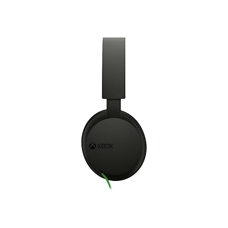 Casque Xbox noir, debout verticalement sur fond blanc, avec un câble vert. Le logo Xbox est visible.