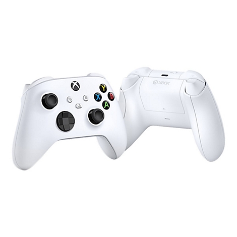 Deux manettes Xbox blanches, une de face, une de dos. Devant : boutons, croix directionnelle, logo. Derrière : logo Xbox.