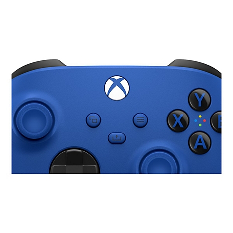 Gros plan sur une manette Xbox bleue. Montre les boutons, les joysticks et le logo Xbox blanc.