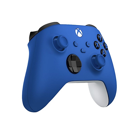 Manette Xbox bleue. Logo blanc et boutons gris. Cavité noire pour la main.