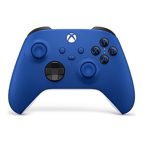 Manette Xbox bleue. Croix, boutons, joysticks analogiques et logo Xbox. Logo Xbox noir et blanc au centre.