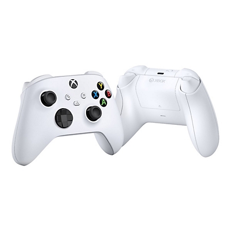 Zwei weiße Xbox Wireless Controller vor weißem Hintergrund. Einer zeigt die Vorderseite, der andere die Rückseite.