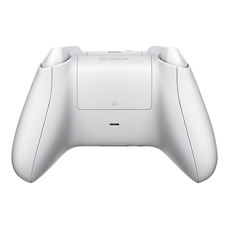 Rückseite eines weißen Xbox Wireless Controllers vor weißem Hintergrund.
