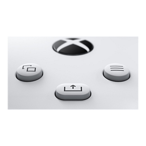Nahaufnahme der Tasten eines weißen Xbox-Controllers mit Share-, Menü- und Ansicht-Taste.