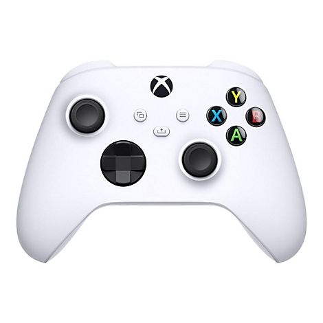 Weißer Xbox-Controller vor weißem Hintergrund mit farbigen Tasten und zwei Analog-Sticks.