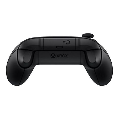 Schwarzer Xbox Controller. Oben: Tasten und Anschluss. Unten: Griffe. XBOX Logo.