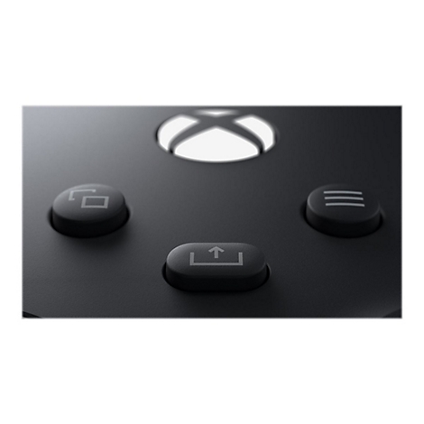 Nahaufnahme eines schwarzen Xbox-Controllers. Oben das Xbox-Logo, darunter drei Knöpfe: links ein Rechteck, rechts drei Linien, unten ein Pfeil nach oben.