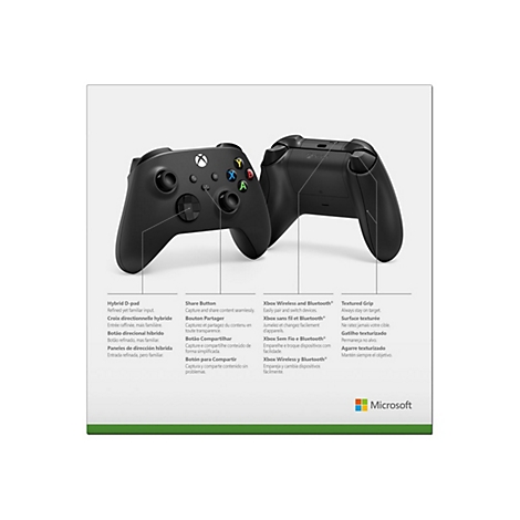 Zwei schwarze Xbox-Controller vor weißem Hintergrund. Der rechte Controller zeigt die Rückseite, der linke die Vorderseite.