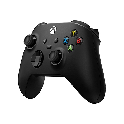 Schwarzer Xbox-Controller, Knöpfe A, B, X, Y in Farben, zwei Joysticks, Steuerkreuz, Xbox-Logo.