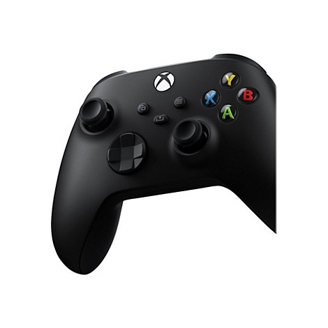 Schwarzer Xbox-Controller auf weißem Hintergrund. Er hat farbige Knöpfe, zwei Analog-Sticks und ein Steuerkreuz.