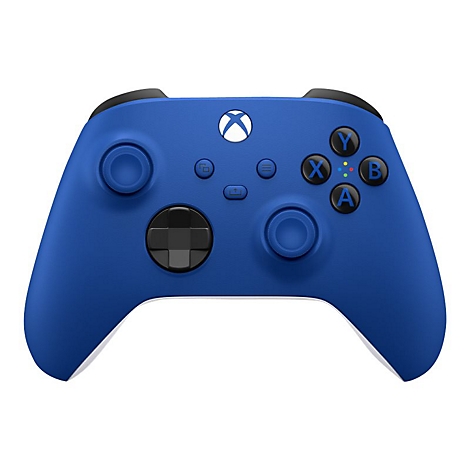 Manette Xbox bleue avec boutons noirs et logo Xbox blanc.