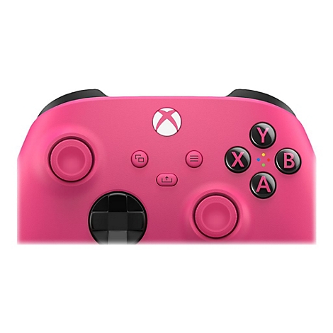Gros plan sur une manette Xbox rose. Boutons et joysticks noirs, boutons colorés.