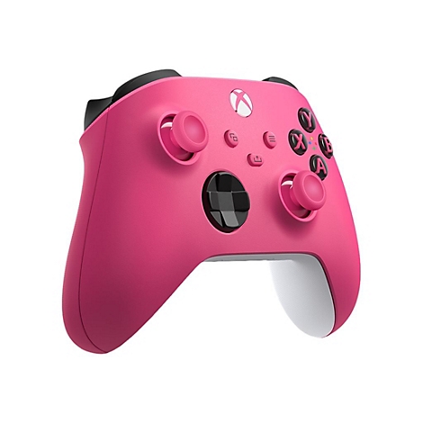 Une manette Xbox rose, prise d'un léger angle latéral. Elle comporte des détails noirs et des accents blancs.