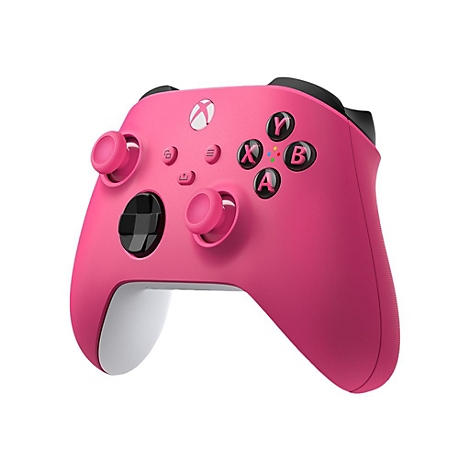 Manette Xbox rose, boutons avec lettres et symboles, pavés directionnels noirs, poignée blanche.