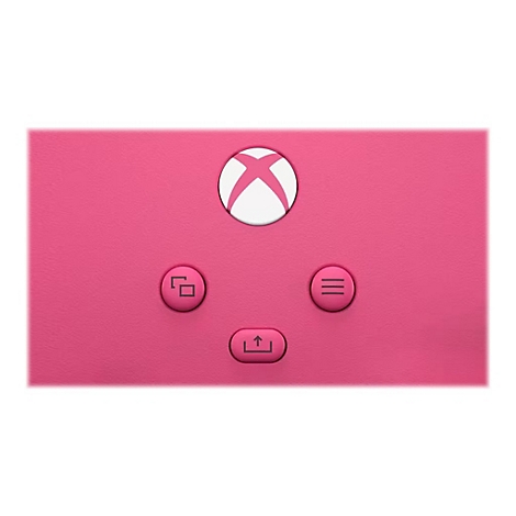 Gros plan sur une manette Xbox rose avec logos et boutons.