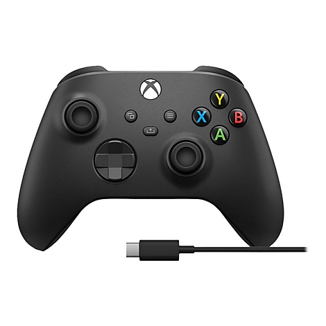 Manette Xbox noire avec boutons colorés et câble USB-C, sur fond blanc.