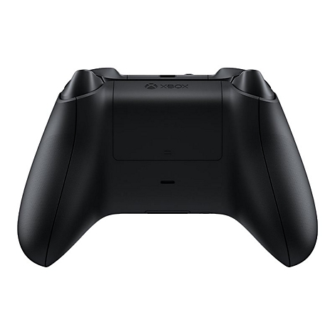 Manette Xbox noire, vue arrière. Xbox est visible au-dessus du couvercle de la batterie.