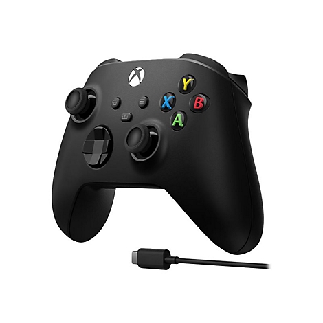 Schwarzer Xbox-Controller mit farbigen Knöpfen und USB-C-Kabel. Auf den Knöpfen stehen Buchstaben: A, B, X, Y. Mit Steuerkreuz und Joysticks.