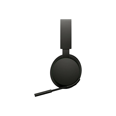 Casque noir avec microphone, détaillé sur fond blanc.