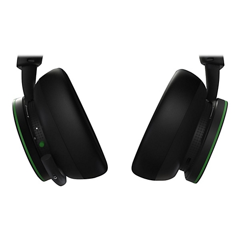 Deux écouteurs noirs avec des accents verts, présentés de côté.