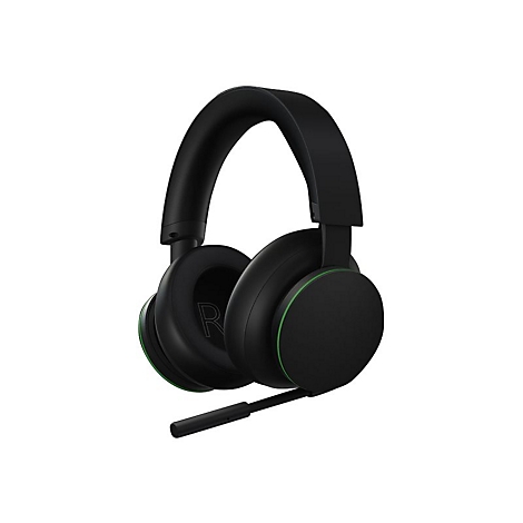 Casque de jeu noir avec des accents verts, un microphone et le logo Xbox. Le casque est en lévitation sur un fond blanc.