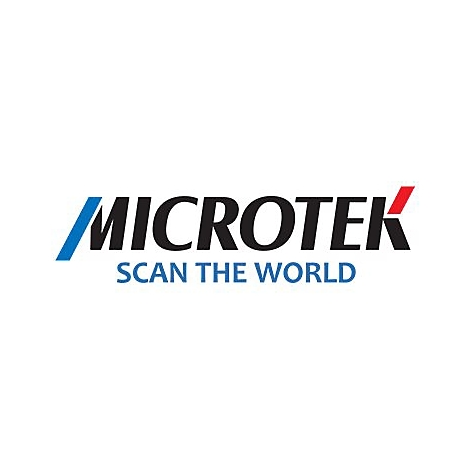 Das Firmenlogo von Microtek mit dem Slogan Scan the World in blauer Schrift unter dem Markennamen.