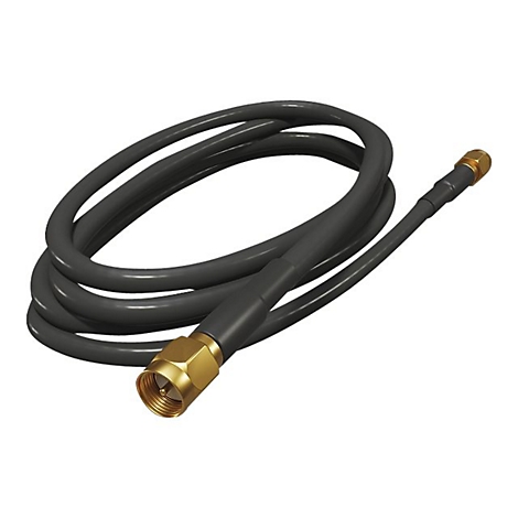 Graues Kabel mit goldfarbenen Anschlüssen, auf weißem Hintergrund.