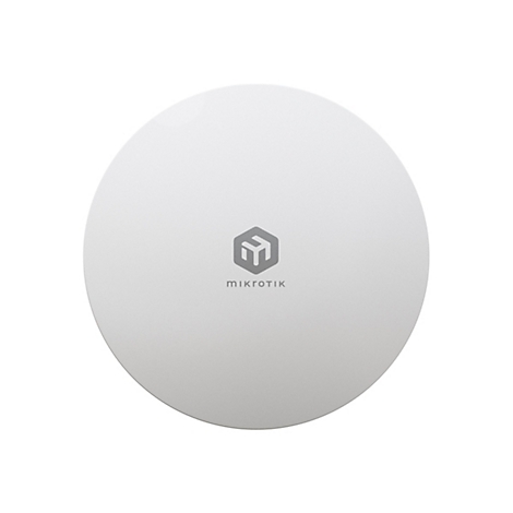 Runder, weißer MikroTik-WLAN-Zugangspunkt mit grauem Logo in der Mitte.