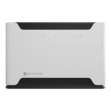 Weißer Router mit schwarzen Lüftungsschlitzen. Logo "MikroTik" unterhalb. Oben und unten Lüftungsschlitze, darüber Kontrollleuchten.