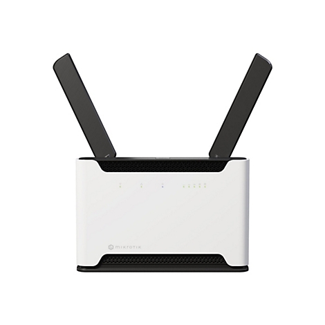 Weißer MikroTik Router mit zwei schwarzen Antennen, vorderseitigen Status-LEDs und Logo auf weißem Hintergrund.