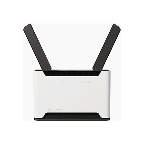 Weißer MikroTik Router mit zwei schwarzen Antennen und Status-LEDs vor neutralem Hintergrund.