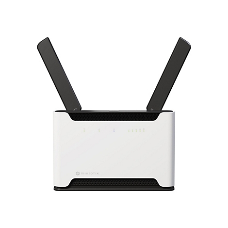 WeiÃŸer Router mit zwei schwarzen Antennen. Das GerÃ¤t ist rechteckig, mit schwarzem Gitter an der Ober- und Unterseite.