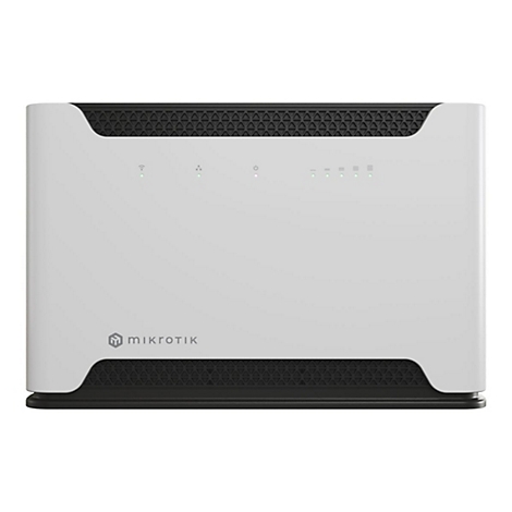 WeiÃŸer Router mit schwarzem Mesh-Gitter oben und unten. Mikrotik-Logo unten links.