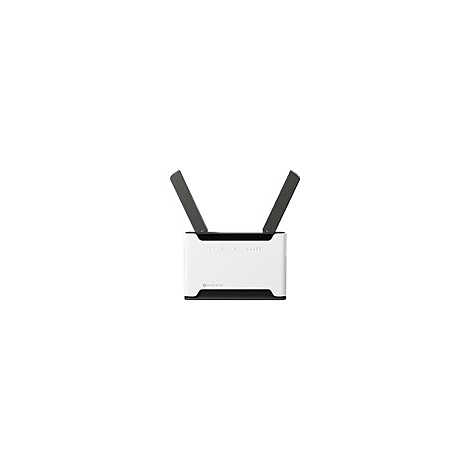 Weißer Router mit zwei grauen Antennen, die nach oben zeigen. Auf der Front befinden sich kleine Lichter.