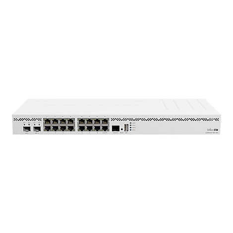 Weißer MikroTik CCR2004-1G-12S+2XS Router mit Netzwerkanschlüssen auf der Vorderseite vor weißem Hintergrund.