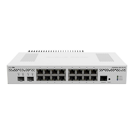 Ein weiÃŸes NetzwerkgerÃ¤t, viele Ethernet-AnschlÃ¼sse. Auf der Oberseite KÃ¼hlrippen, auf der RÃ¼ckseite Konsolenanschluss und LED-Anzeigen.