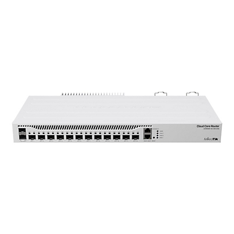 Weißer MikroTik Cloud Core Router CCR2004-1G-12S+2XS mit zahlreichen SFP-Anschlüssen vor weißem Hintergrund.