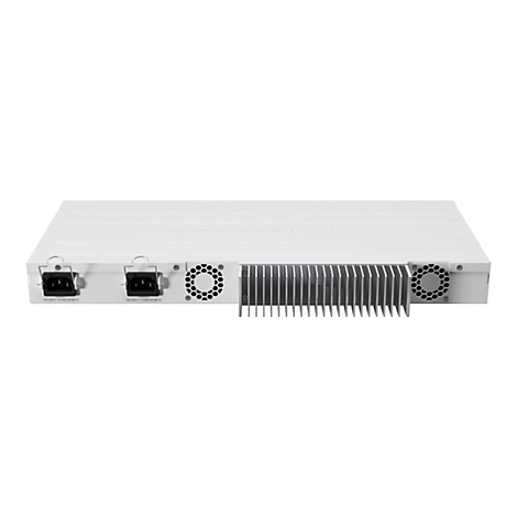 Rückseite eines weißen Cloud Core Netzwerk-Switches mit zwei Stromanschlüssen und Kühlrippen.