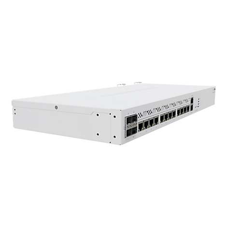 Weißer Cloud Core Router von MikroTik in der Front- und Seitenansicht mit zahlreichen Ethernet- und SFP+-Ports.