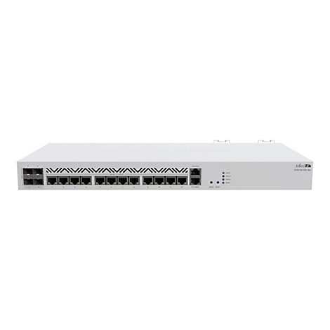Weißer MikroTik CCR2116-12G-4S+ Netzwerk-Router mit zahlreichen Ethernet- und SFP-Ports vor weißem Hintergrund.