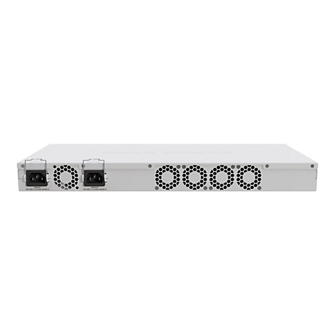 Rückseite eines weißen Netzwerk-Switches mit zwei Stromanschlüssen und vier Lüftergittern auf hellem Hintergrund.