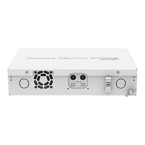 Weiße Rückseite eines Netzwerk-Switches mit Lüftergitter, zwei DC-Eingängen und Kabelhalterung vor weißem Hintergrund.